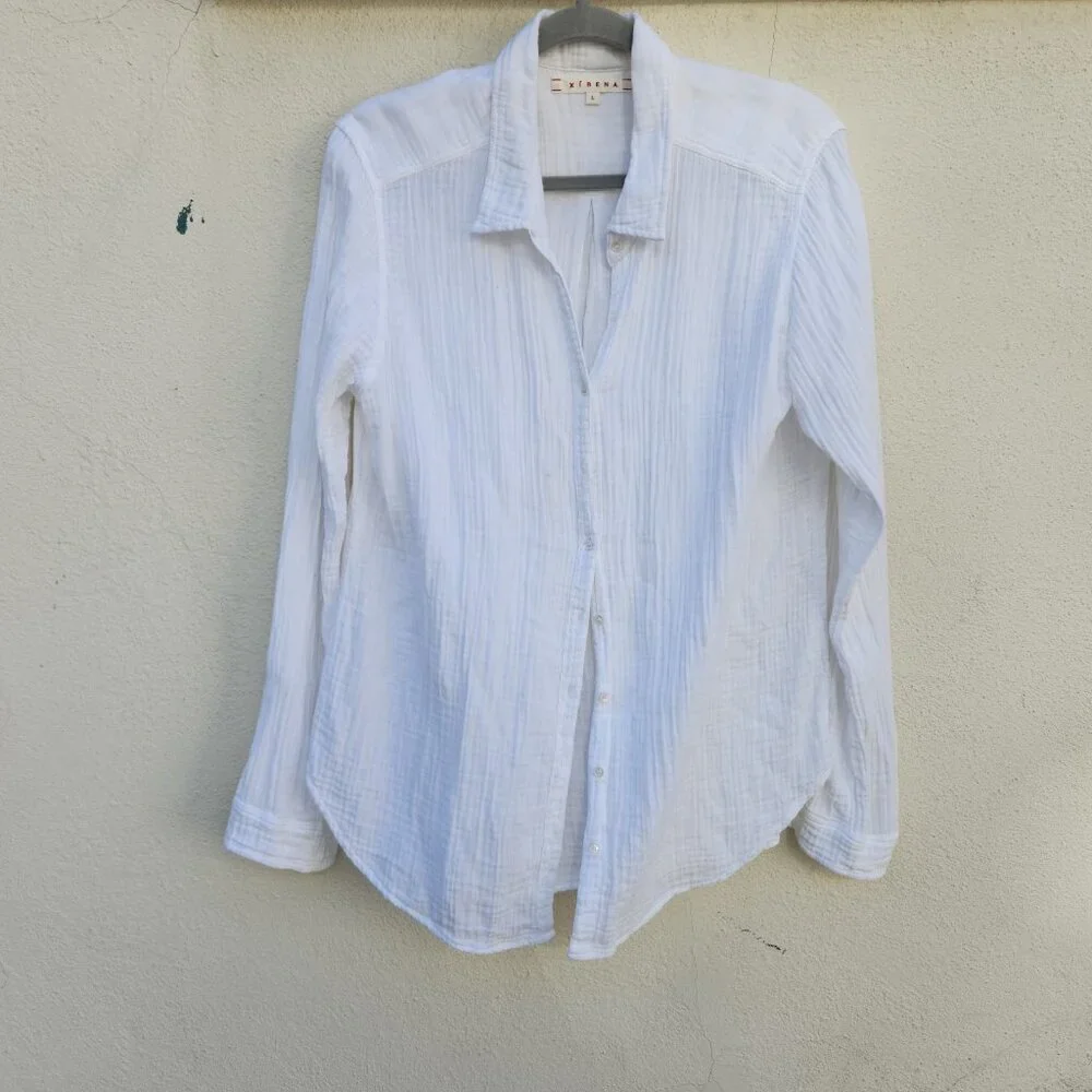 XIRENA Scout Crinkle Gauze White Button Down Shirt - Picture 2 of 8